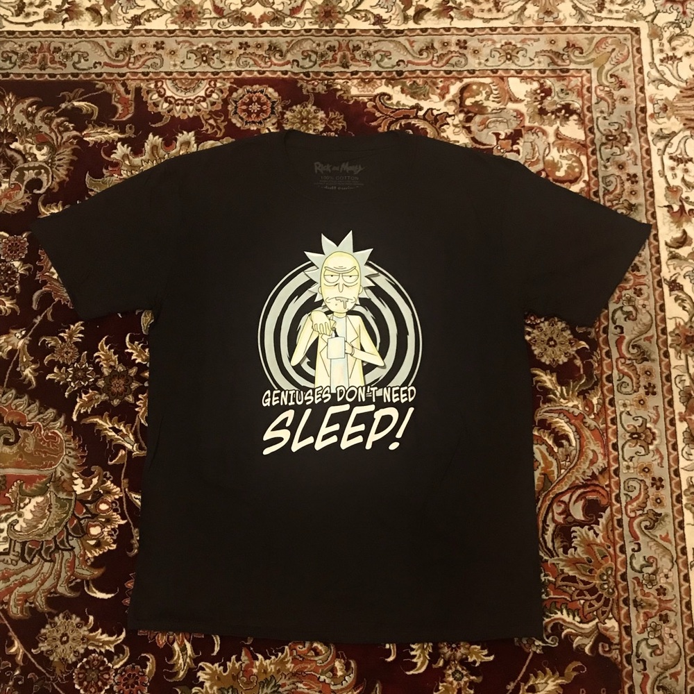 Rick and Morty 'Geniuses Do Not Need Sleep!' Graphic Tee Shirt Great Condition